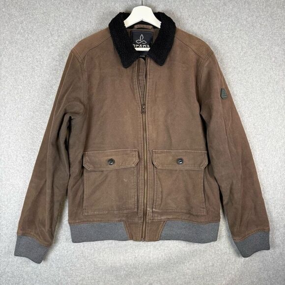 PrAna Mens Size Medium Full Zip Front Organic Cotton Bomber Jacket Brown Pockets - Picture 1 of 7